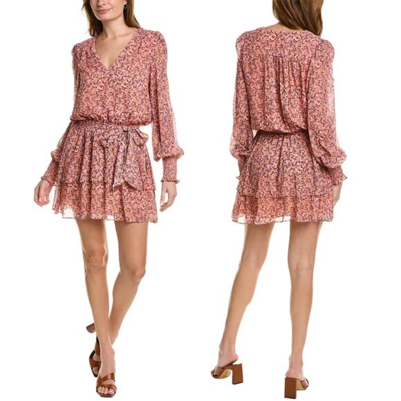 NWT Ramy Brook Xian Floral Tiered Tie Waist Long Sleeve Mini Dress Orange Small - Picture 1 of 16